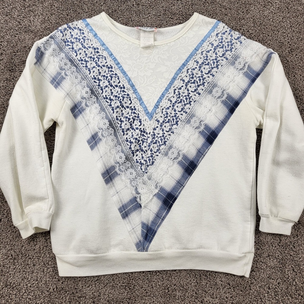 Vintage Act III Mixed Media Lace Plaid V-Panel Sweatshirt Cream Blue USA Made M